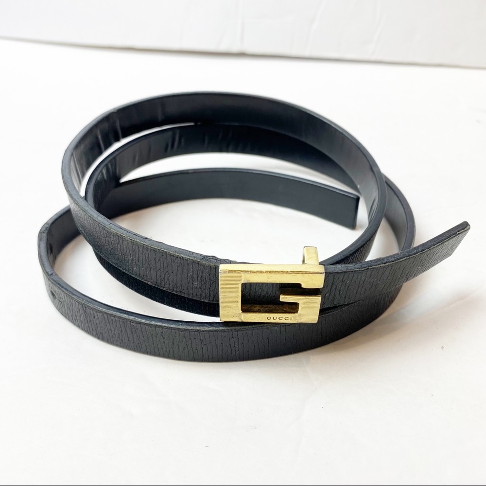 Gucci | Vintage Gold Metal Square G Leather Belt, skinny. Gucci buckle is small.